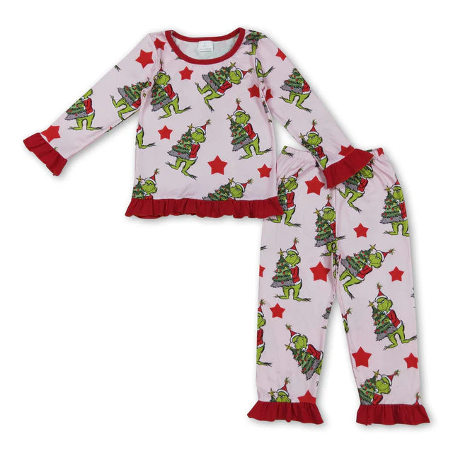 RTS NO MOQ Sibling milk silk Baby Girls Green Christmas Trees Print Top Ruffle Pant Pajamas Set