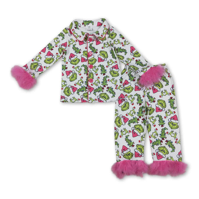 RTS NO MOQ Sibling milk silk Baby Girls Pink Fur Gingerbread Button Top Pants Christmas Pajamas Set