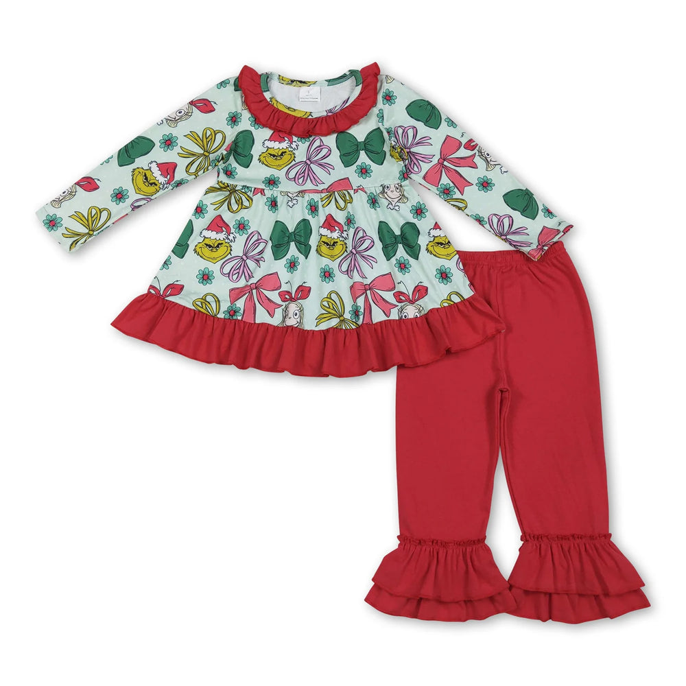 RTS NO MOQ Sibling milk silk Baby Girls Long Sleeve Christmas Tree Print Tunic Top And Ruffle Hem Pants Christmas Clothes Set