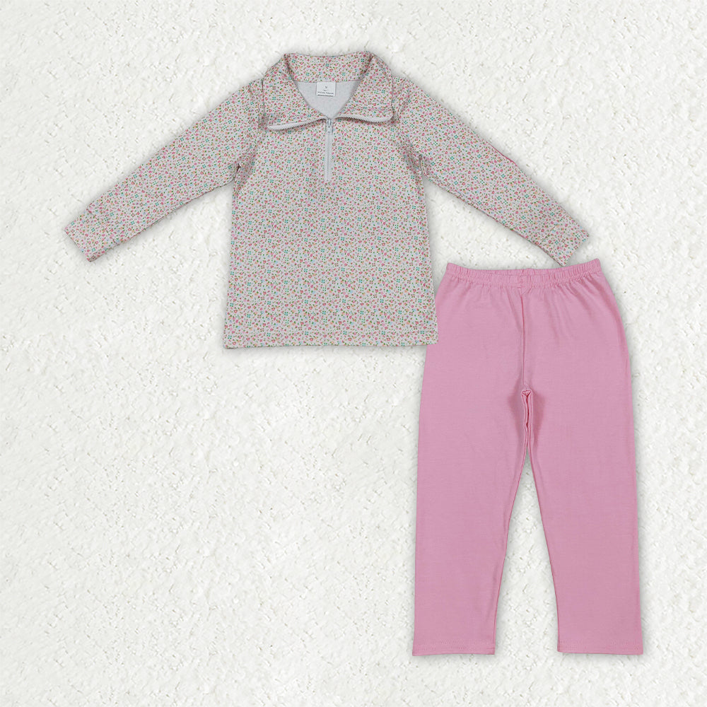 NEW RTS NO MOQ milk silk GLD1645 Baby Girls Pink Small Flowers Print Zip Pullovers Leggings Pants Daily Clothes Sets