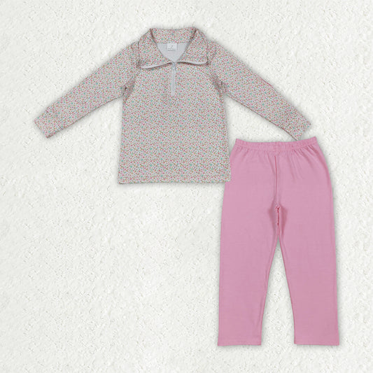 NEW RTS NO MOQ milk silk GLD1645 Baby Girls Pink Small Flowers Print Zip Pullovers Leggings Pants Daily Clothes Sets