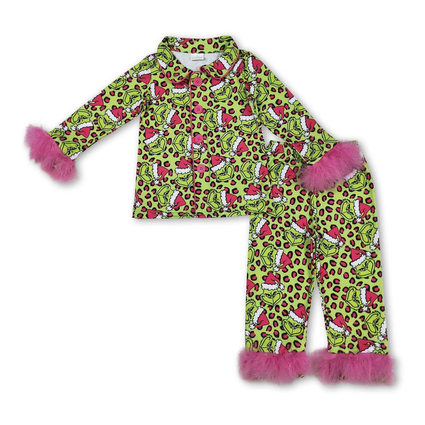 RTS NO MOQ Sibling milk silk Cute Clothes Mama and Me Leopard Button Front Fur Sleeve Ruffle Dress Zipper Romper Family Christmas Pajamas Sets