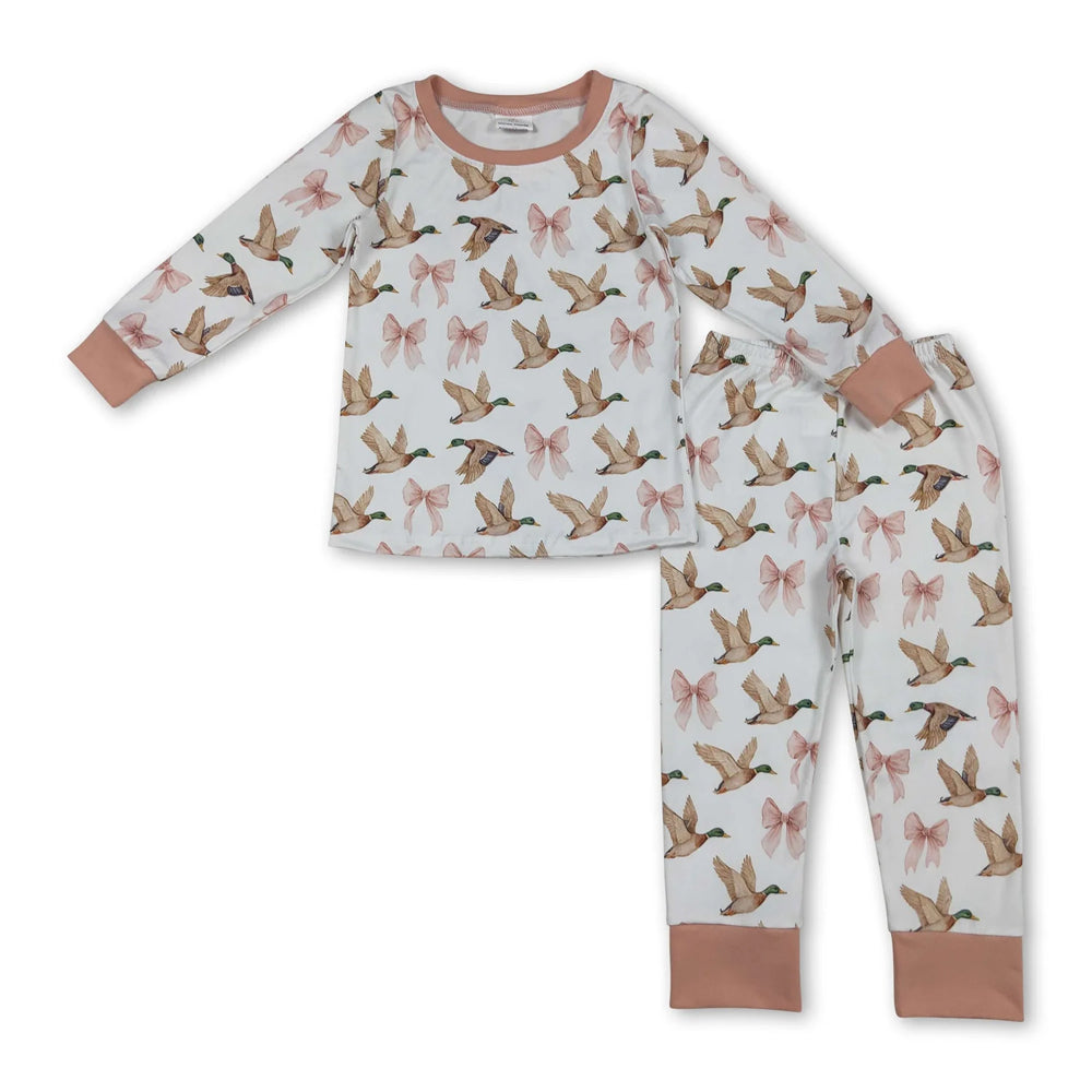 RTS NO MOQ Sibling milk silk Baby Girls Duck And Pink Bow Print Outfit Long Sleeve Top Pant Pajamas Set And Zipper Romper