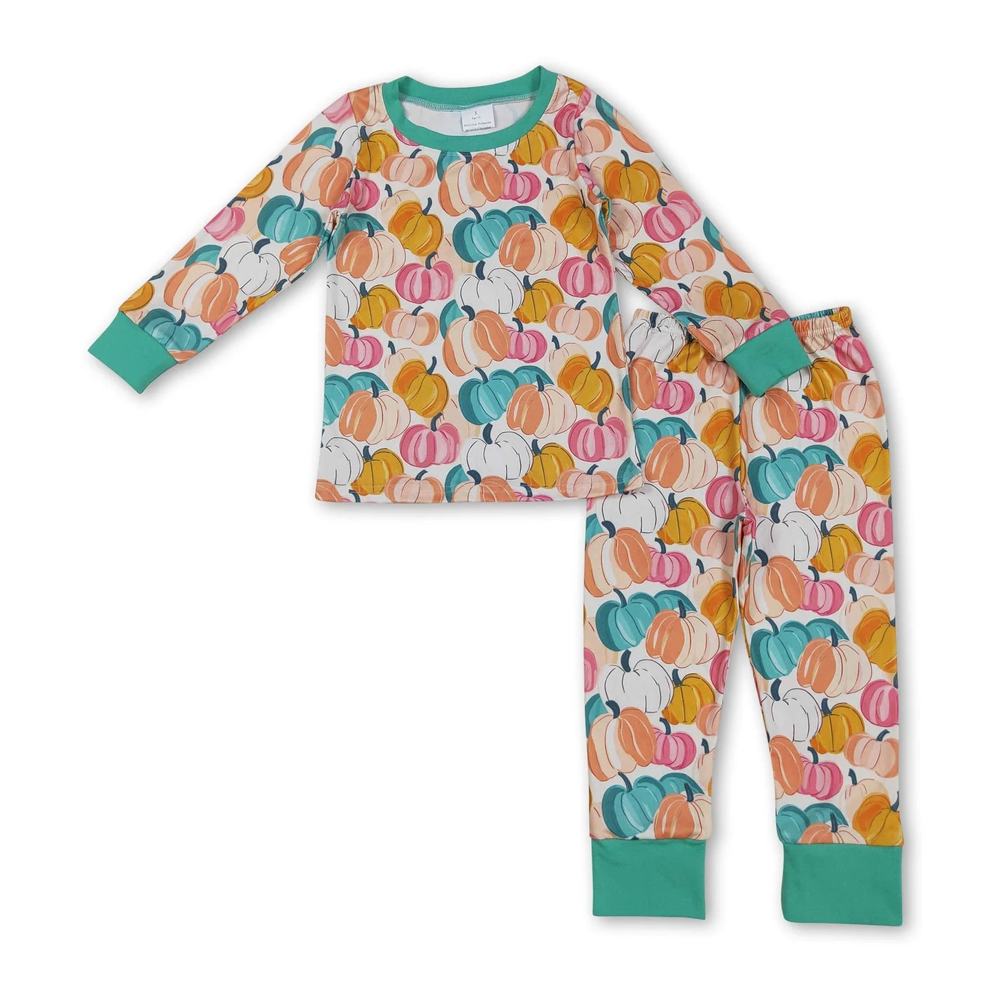 RTS NO MOQ Sibling milk silk Baby Girls Cute Colorful Bows Pumpkins Long Sleeve Top And Pants Fall Sleep Set