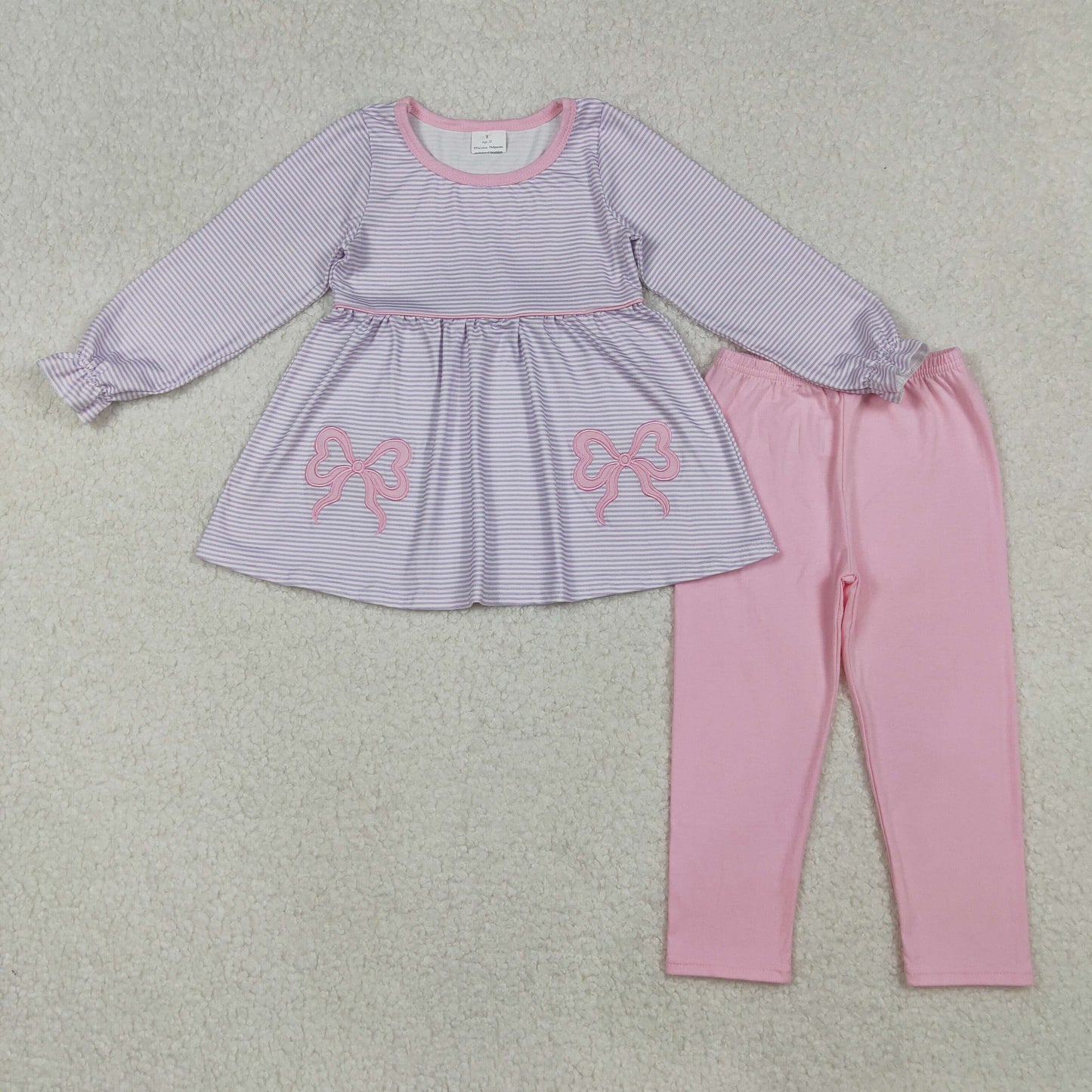 RTS NO MOQ Sibling Stripe Embroidery Baby Girls Tunic Legging Pant Set with Bows Girls Outfit