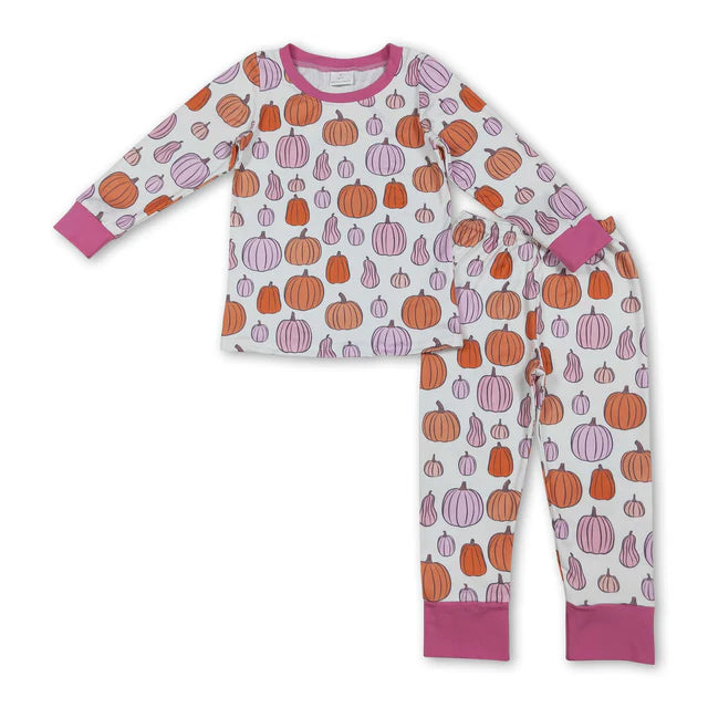 RTS NO MOQ Sibling milk silk Baby Girls Bows Pumpkins Print Long Sleeve Top Pants Two Piece Fall Pajamas Set