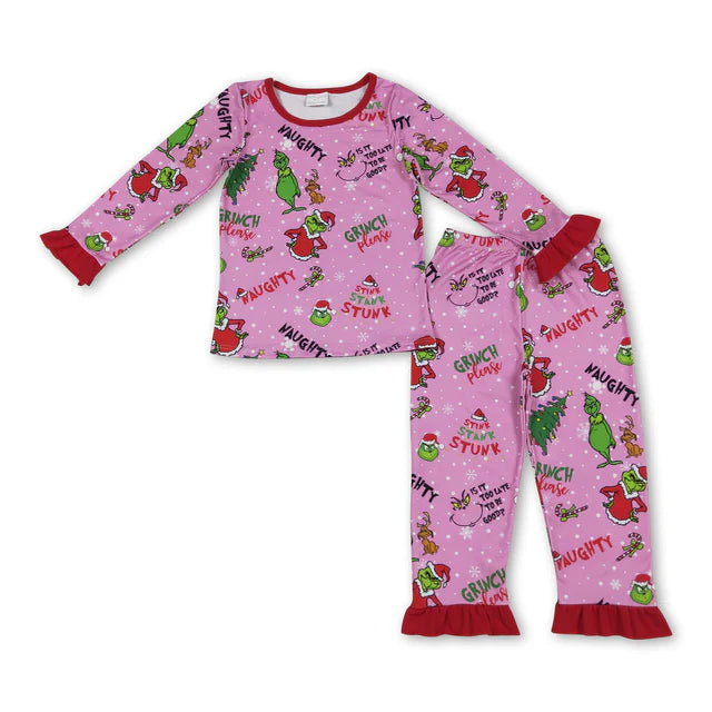 RTS NO MOQ Sibling milk silk Baby Girls Green Christmas Trees Print Top Ruffle Pant Pajamas Set
