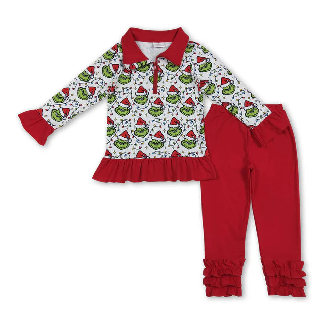 RTS NO MOQ Sibling milk silk Baby Girls Santa Print Zipper Pullover Ruffle Leggings Christmas Clothes Set