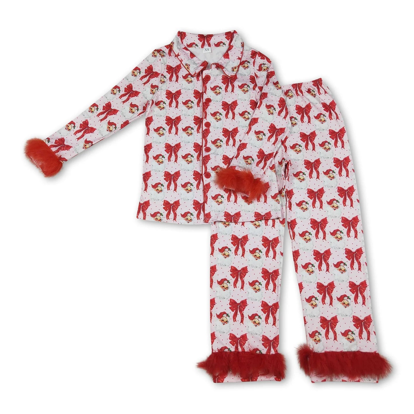 RTS NO MOQ milk silk Sibling Christmas Adult To Match Kids Red Christmas Fluffy Fur Trim Bow Santa Print Button Front Top Elastic Waist Pants Christmas Pajama Set