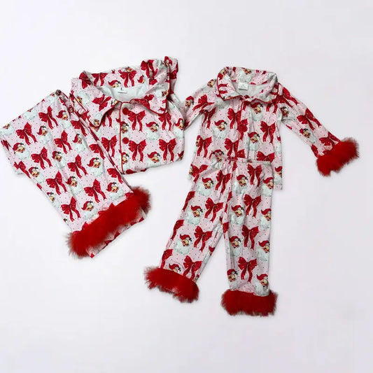 RTS NO MOQ Sibling baby girl clothes Christmas boot bow Plush long sleeve pants Sets and adult set