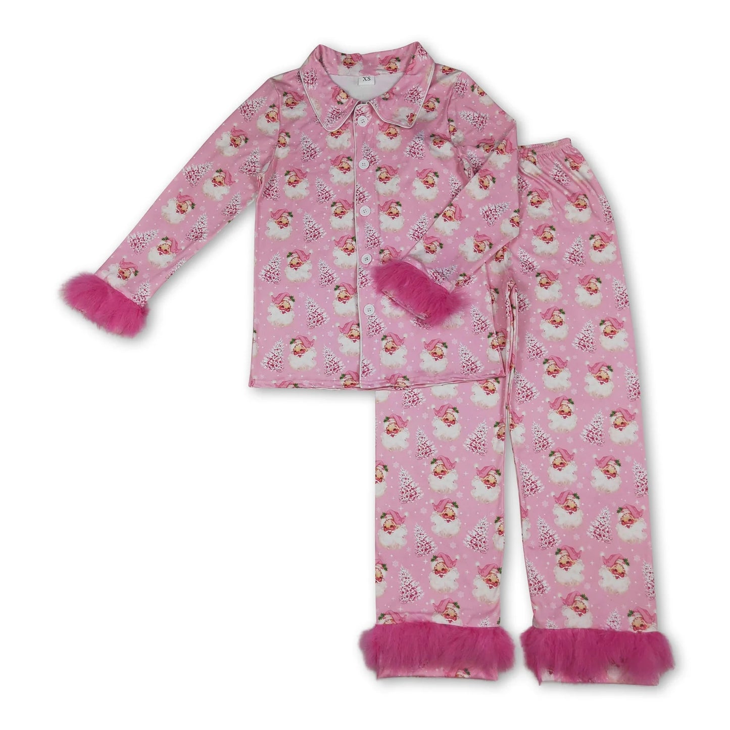 RTS NO MOQ milk silk Sibling Christmas Adult To Match Kids Pink Santa And Christmas Tree Print Fluffy Fur Trim Button Front Long Sleeve Top Elastic Waist Pants Christmas Pajama Set