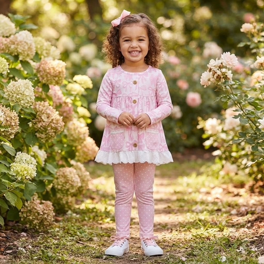 RTS NO MOQ（In Stock) GLP2723 Bow Pattern Lace Dot Pocket Pink Long Sleeve Trouser Set