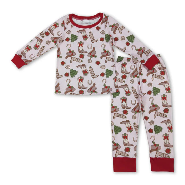 RTS NO MOQ Sibling milk silk Baby Girls Boots Holly Top And Pants Christmas Pajamas Sets
