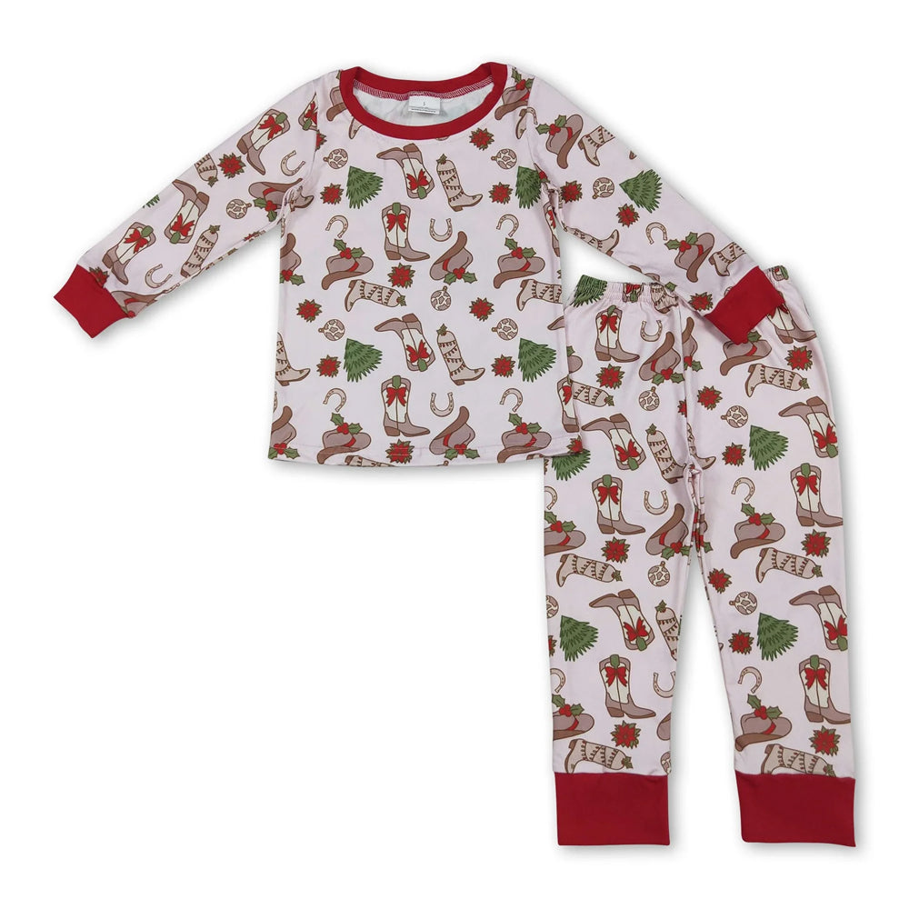 RTS NO MOQ Sibling milk silk Baby Girls Red Bow Santa Print Checked Top Pants Two Piece Christmas Clothes Set