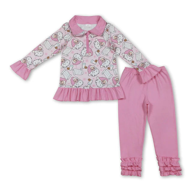 RTS NO MOQ Sibling milk silk Baby Girls Santa Print Zipper Pullover Ruffle Leggings Christmas Clothes Set