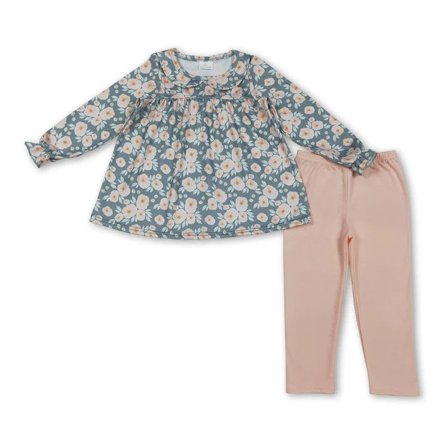 RTS NO MOQ Sibling Baby Girls Colorful Flowers Collar Tunic Leggings  Clothes Sets