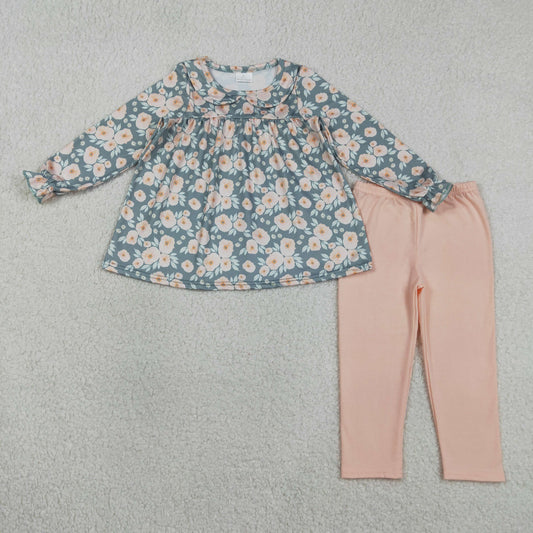 RTS NO MOQ GLP2776 Baby Girls Long Ruffle Sleeve Tunic with Flowers Collar And Leggings Pant Outfit