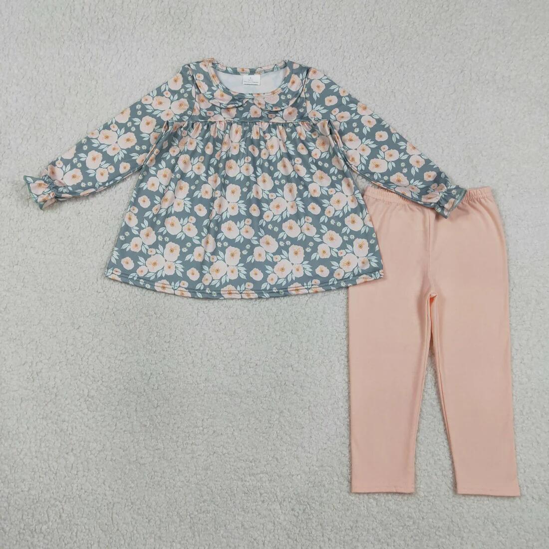 RTS NO MOQ Sibling Baby Girls Colorful Flowers Collar Tunic Legging Pants Set