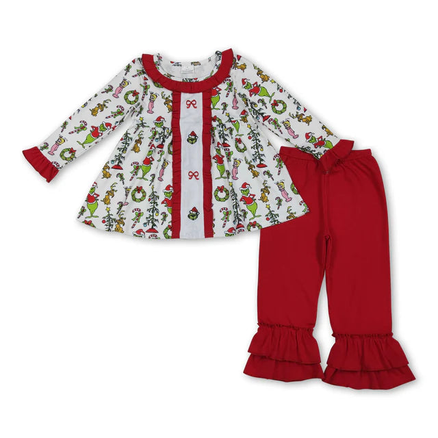 RTS NO MOQ Sibling milk silk Baby Girls Santa Print Checkered Tunic With Ruffle Pants Two Piece Set