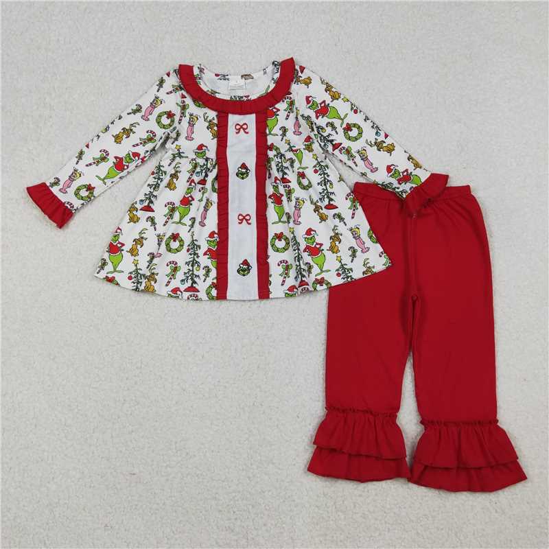 RTS NO MOQ Sibling milk silk Baby Girls Cute Tree Bow Long Sleeve Tunic Ruffle Pants Holiday Set