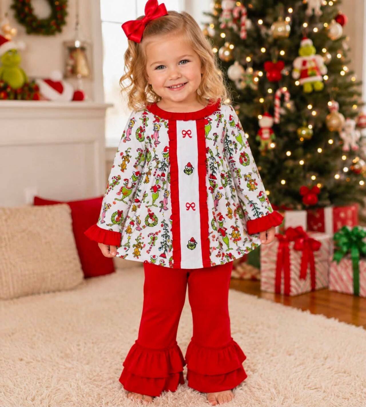 RTS NO MOQ（In Stock) GLP2812 White long-sleeved trouser set with embroidered bow