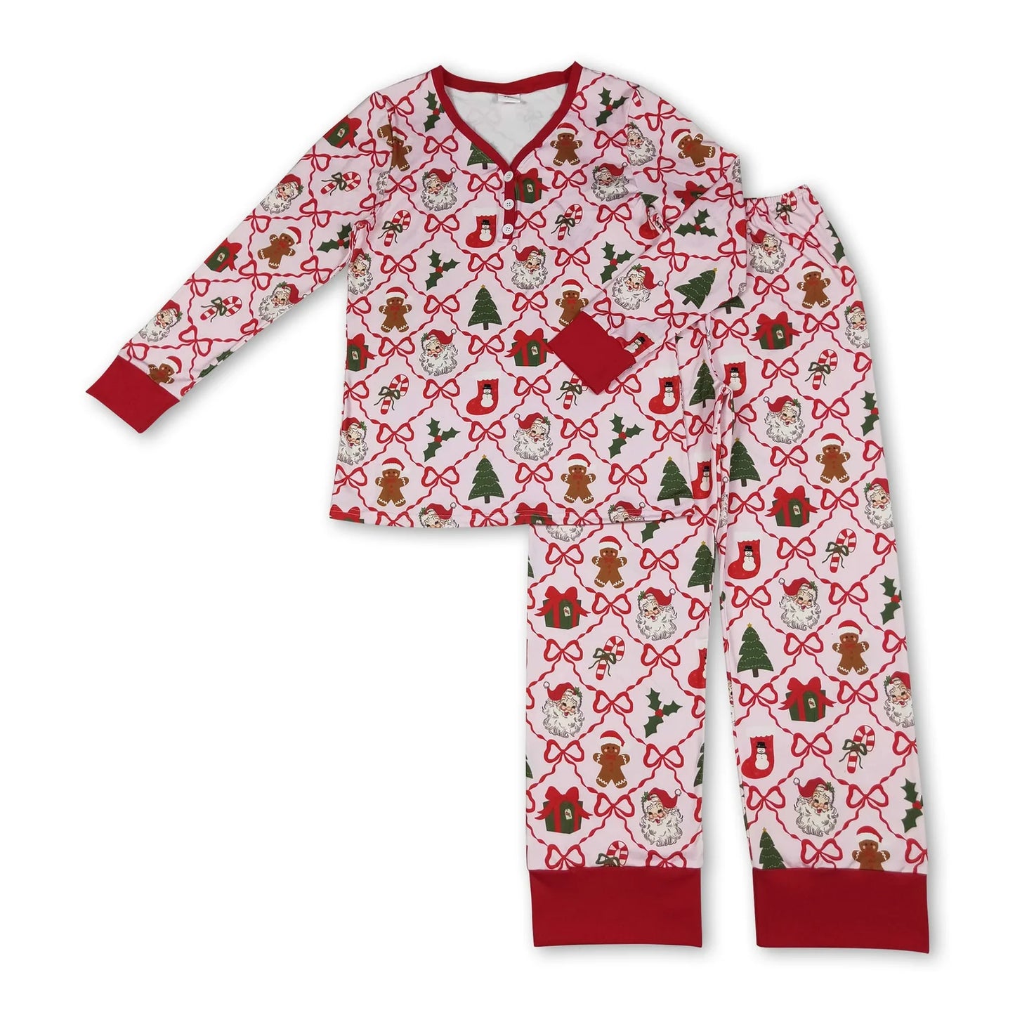 RTS NO MOQ milk silk Sibling Christmas Adult To Match Kids Red Cute Bow Santa Gift Check Long Sleeve Button Top Elastic Pants Christmas Pajama Set