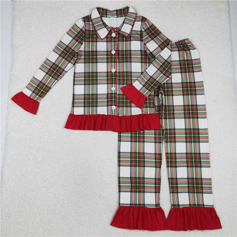 sibling christmas RTS No moq Adult Baby Girls Christmas Pajama Set, Green Red Checked Top with Ruffle Pants Holiday Sleepwear