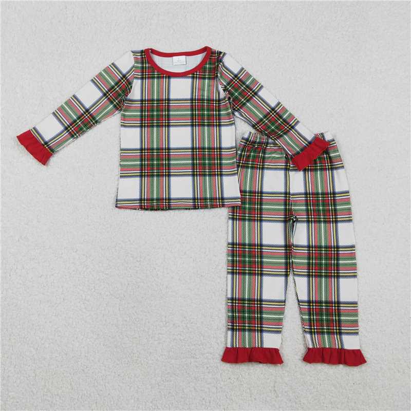 sibling christmas RTS No moq Adult Baby Girls Christmas Pajama Set, Green Red Checked Top with Ruffle Pants Holiday Sleepwear