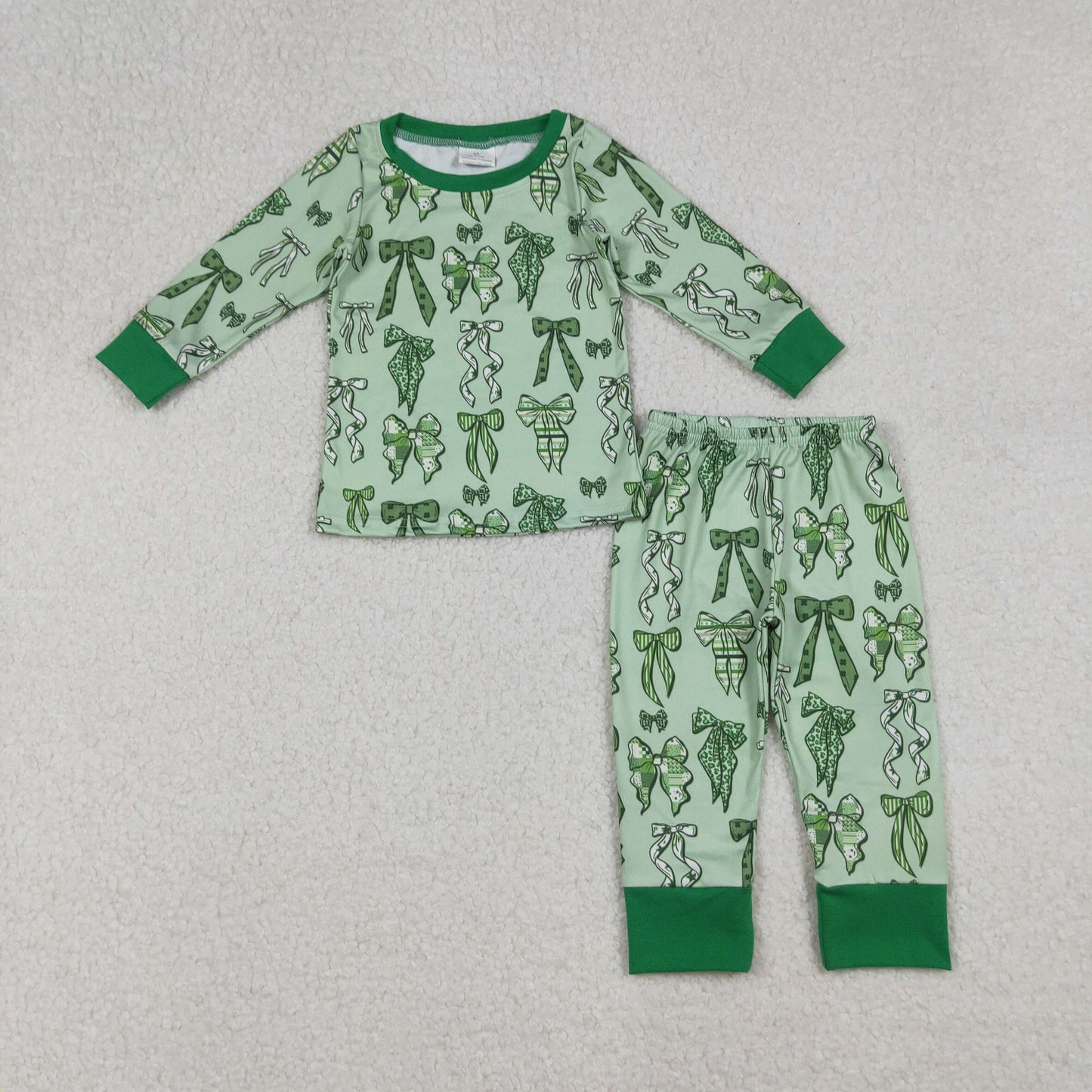 12/18m-7/8t RTS Sibling baby girl clothes bow green long Sleeve pants sets and rompers