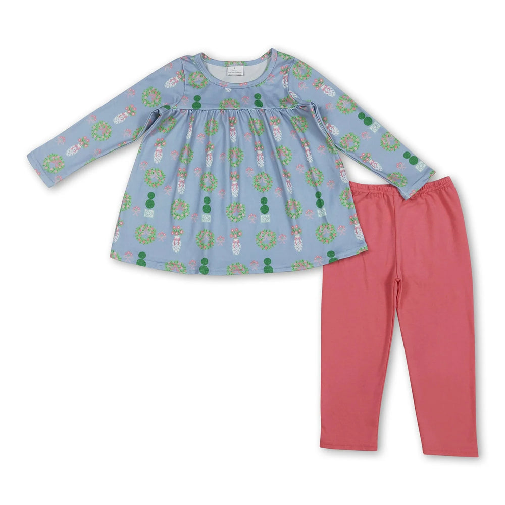 RTS NO MOQ Sibling milk silk Baby Girls Long Sleeve Christmas Tree Print Tunic Top And Ruffle Hem Pants Christmas Clothes Set