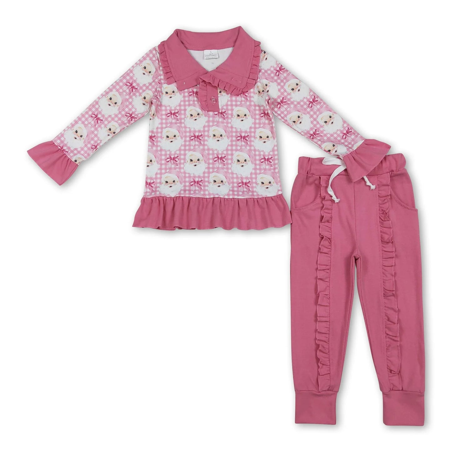 RTS NO MOQ Sibling milk silk Baby Girls Cute Pink Check Santa Button Front Top Pocket Pants Christmas Clothes Set