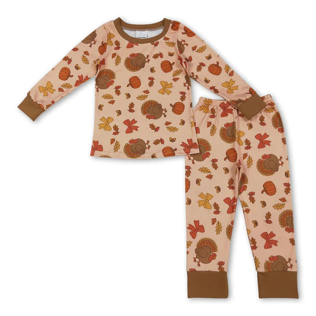 RTS NO MOQ Sibling milk silk Baby Girls Bows Pumpkins Print Long Sleeve Top Pants Two Piece Fall Pajamas Set