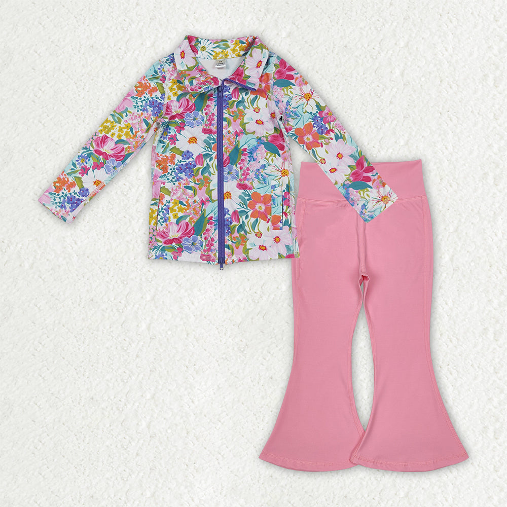 RTS NO MOQ（In Stock) GT1061+P0573 Colorful Floral Yoga Zipper Long-Sleeved Top Pink Yoga Pants set