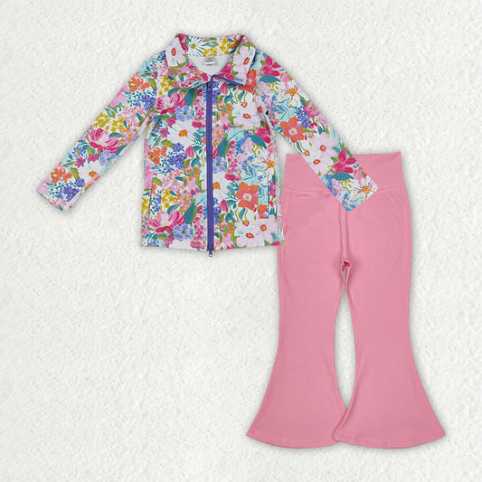 RTS NO MOQ（In Stock) GT1061+P0573 Colorful Floral Yoga Zipper Long-Sleeved Top Pink Yoga Pants set