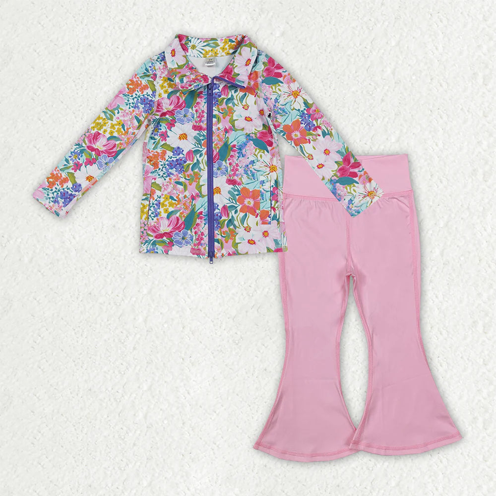 RTS NO MOQ Baby Girls Floral Zipper Jacket with Pockets And Bell Bottom Pants Yoga Active Outfit Set for Toddlers