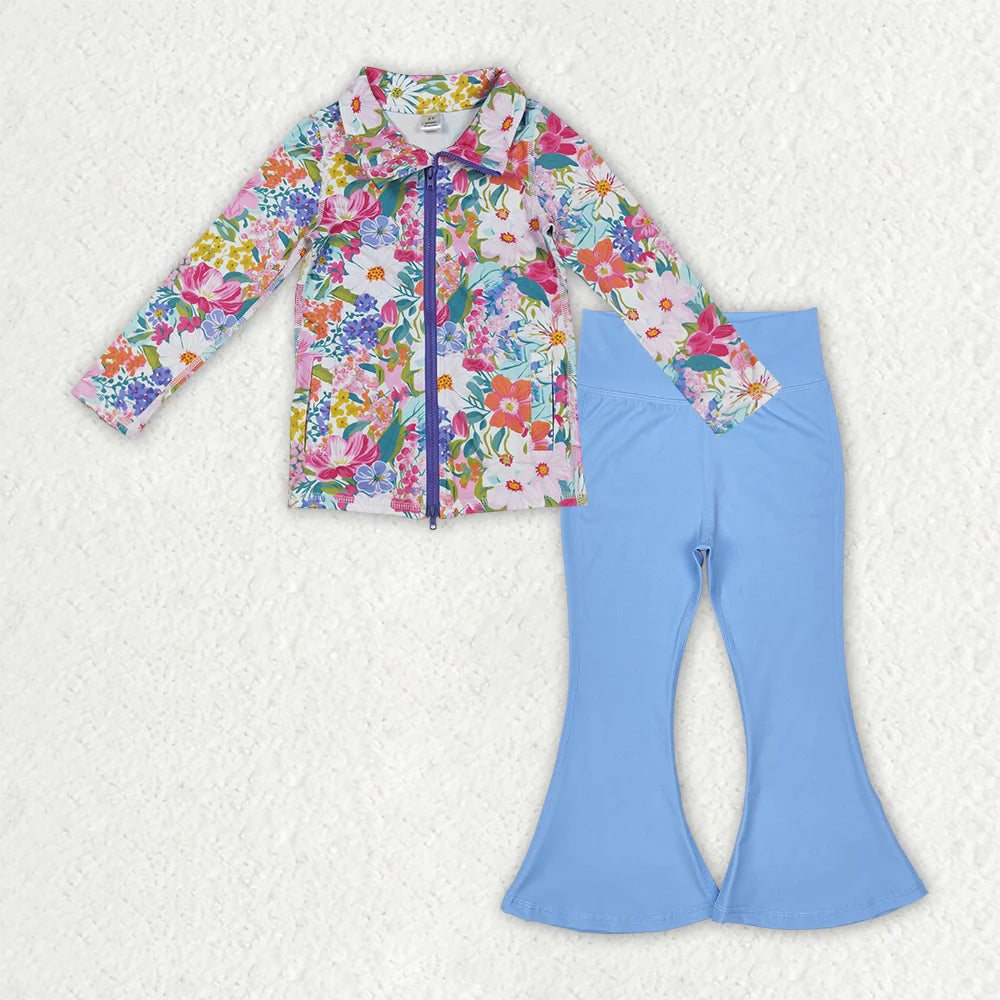 RTS NO MOQ Baby Girls Floral Pockets Zipper Jackets, Bell Bottom Pants, Yoga Active Clothes Sets