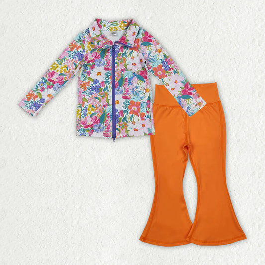 RTS NO MOQ Baby Girls Floral Zipper Jacket with Pockets And Bell Bottom Pants Yoga Active Outfit Set for Toddlers