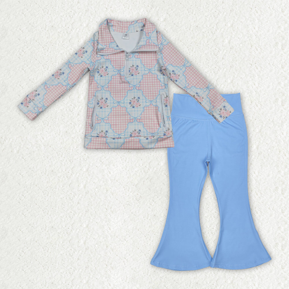 RTS NO MOQ（In Stock) GT1062+P0577 Floral plaid bow pattern yoga long-sleeved zip-up top blue Yoga Pants set