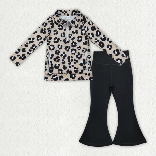 RTS NO MOQ Baby Girls Black Leopard Print Zipper Jacket with Pockets And Bell Bottom Pants Active Yoga Clothes Set for Toddlers