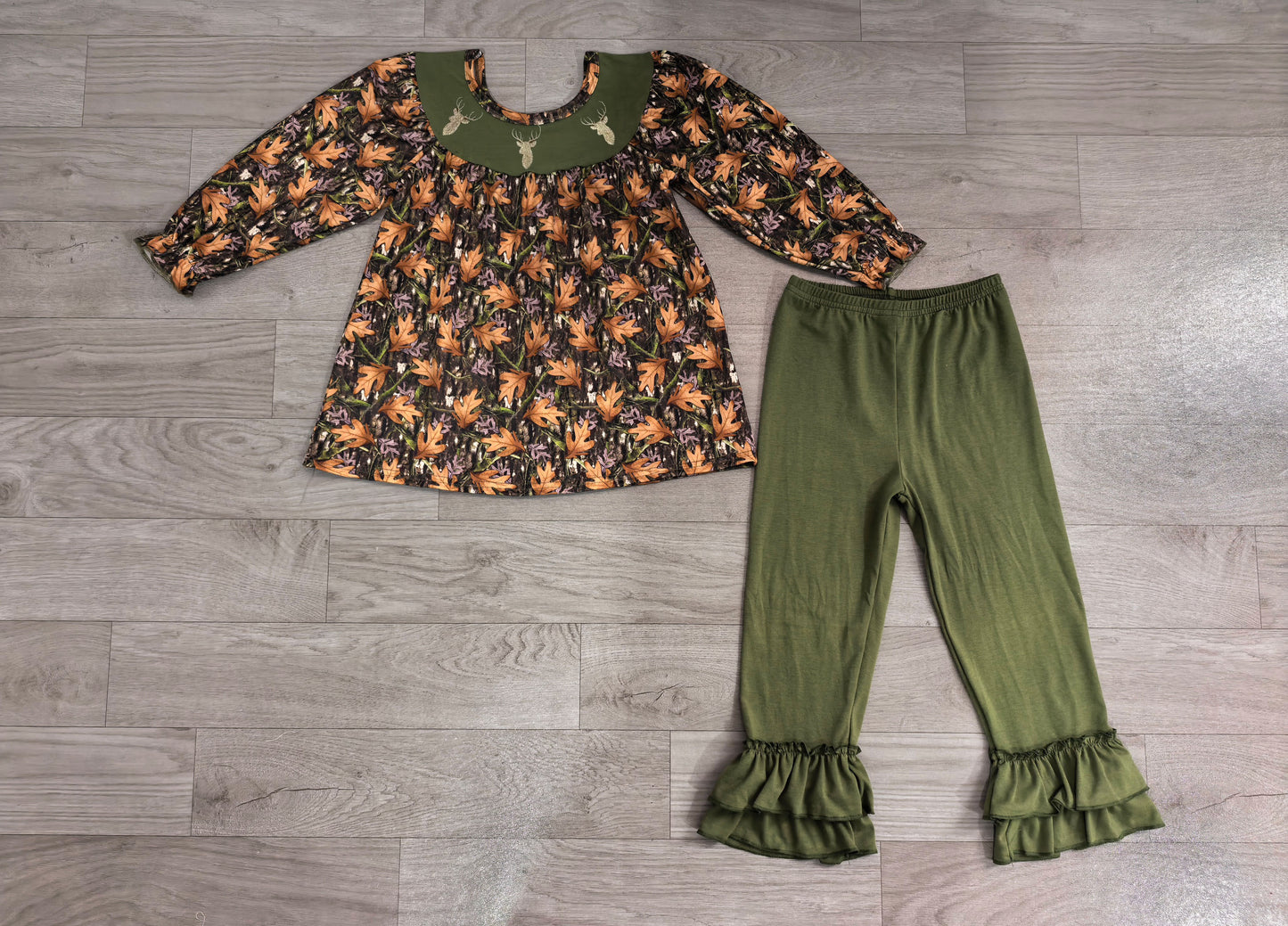 (Sample) No moq milk silk GLP2908 Embroidery Baby Girls Green Leaf Camo Print Embroidery Deer Long Sleeve Tunic Top Ruffle Hem Long Pants Western Farm Casual Clothes Set