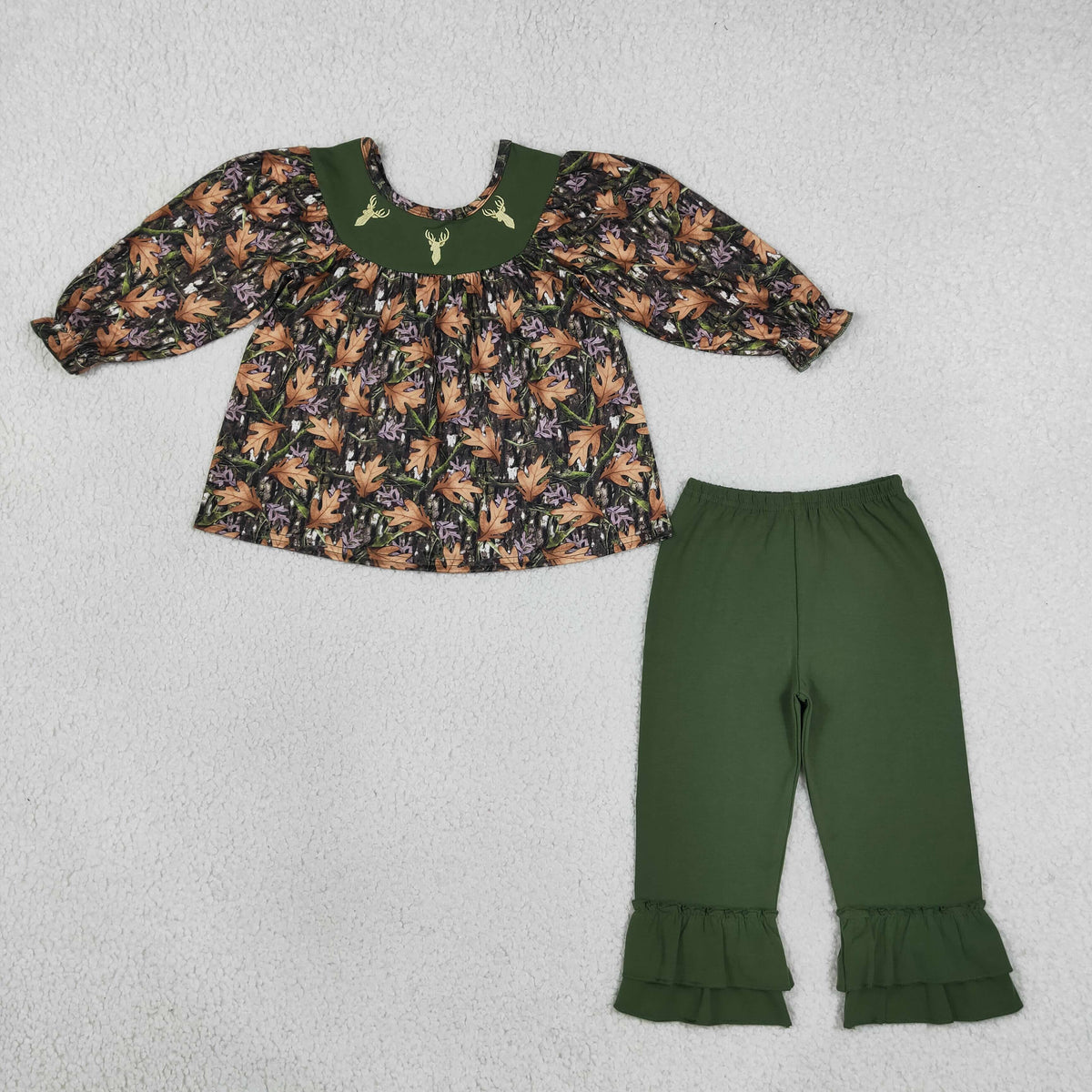 RTS NO MOQ Sibling milk silk Embroidery Baby Girls Fall Deer Leaf Print Top And Solid Green Ruffle Pants Set Bubble Romper