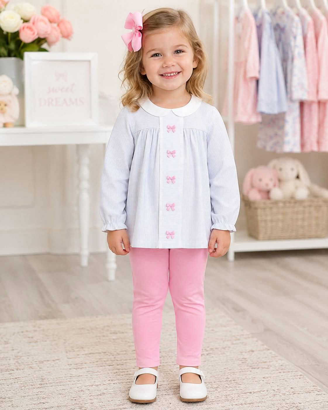 RTS NO MOQ GLP2909 Baby Girls Embroidery Bows Stripe Collar Tunic Leggings Outfit Set Cute Clothing for Infants