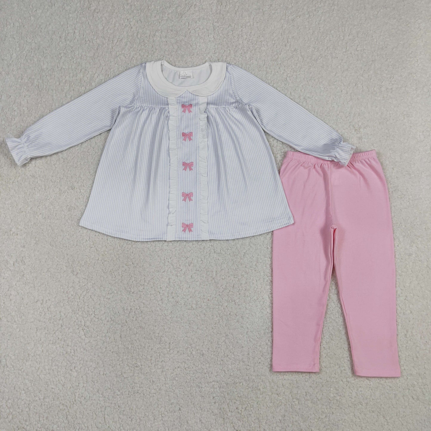 RTS NO MOQ GLP2909 Baby Girls Embroidery Bows Stripe Collar Tunic Leggings Outfit Set Cute Clothing for Infants