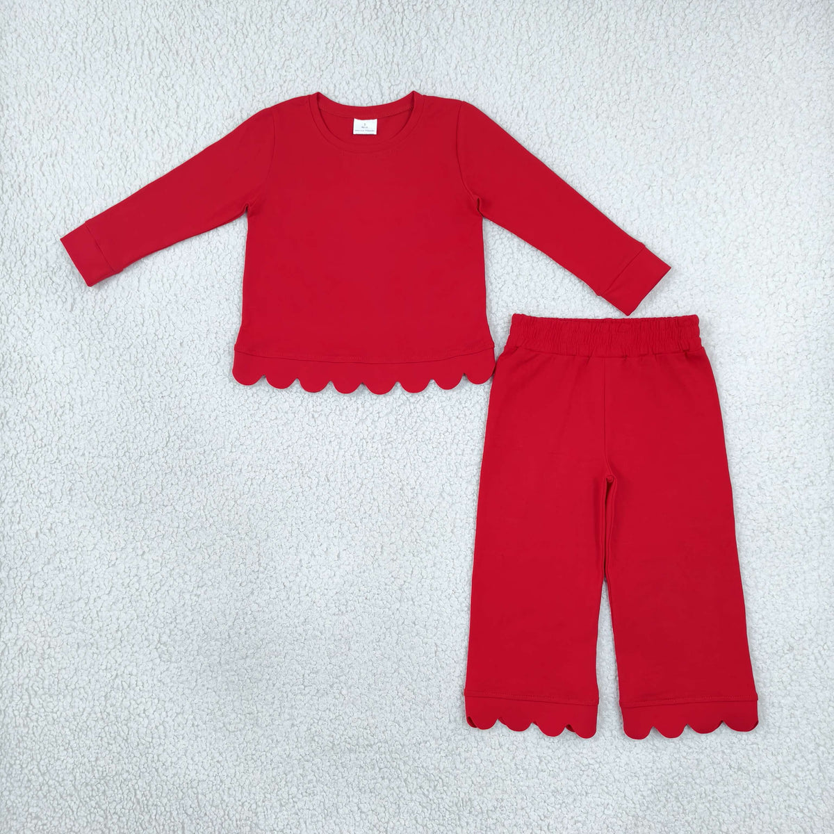 NEW RTS NO MOQ cotton GLP2964 Baby Girls Red Scallop Trim Long Sleeve Top And Pants Set