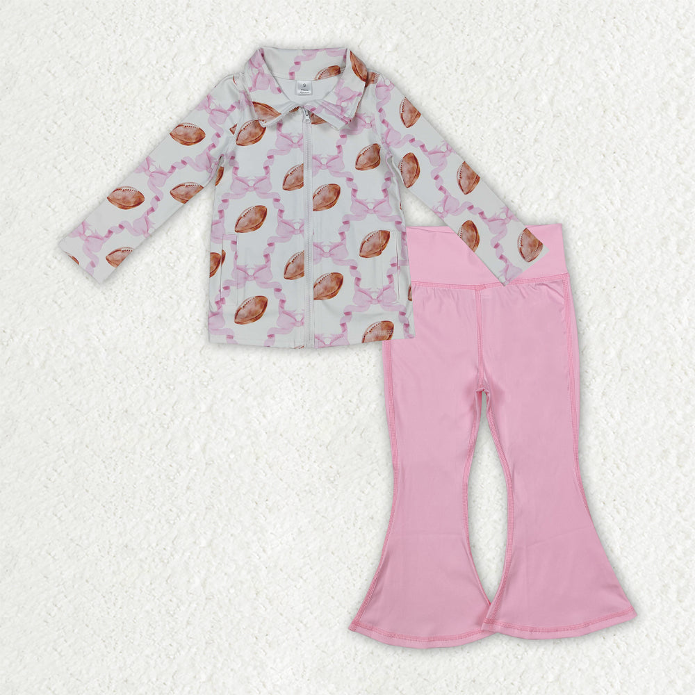 RTS NO MOQ（In Stock) GT1088+P0576 Rugby pink bow pattern yoga zip-up long-sleeved top Yoga Pants set