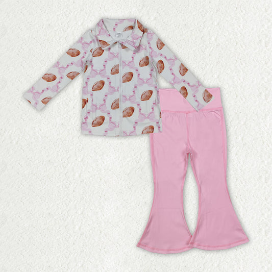 RTS NO MOQ（In Stock) GT1088+P0576 Rugby pink bow pattern yoga zip-up long-sleeved top Yoga Pants set