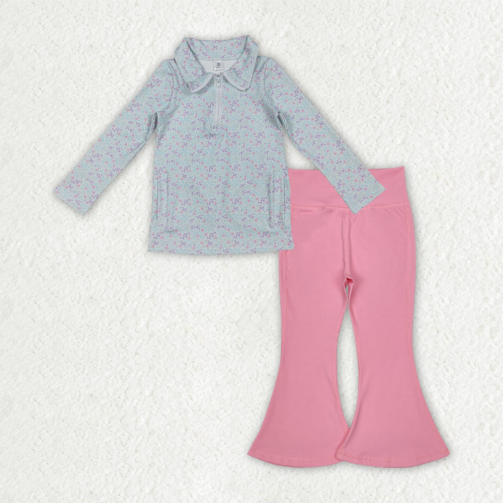 RTS NO MOQ（In Stock) GT1182+P0573 Pink long-sleeved zip-up yoga top with floral, leaf, and bow pattern Yoga Pants set