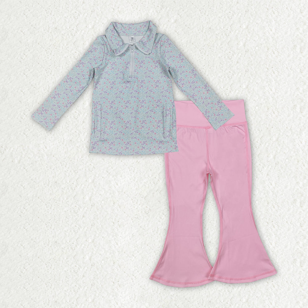 RTS NO MOQ（In Stock) GT1182+P0576 Pink long-sleeved zip-up yoga top with floral, leaf, and bow pattern Yoga Pants set