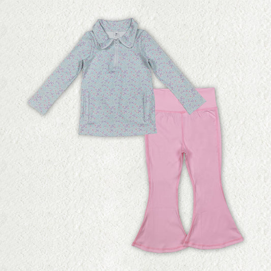 RTS NO MOQ（In Stock) GT1182+P0576 Pink long-sleeved zip-up yoga top with floral, leaf, and bow pattern Yoga Pants set