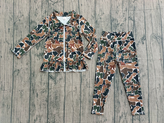 (Sample) No moq GLP2992 (GT1315+P0690)Yoga Baby Girls Dark Brown Camouflage Zipper Jacket Ruffle Top Leggings Yoga Clothes Set Toddler Outfit